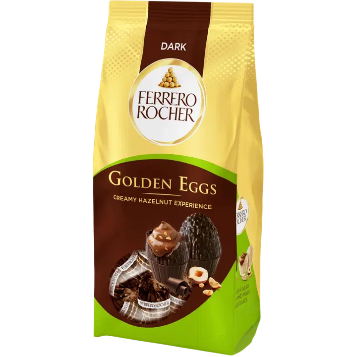 Ferrero Rocher Golden-suklaatäytemunia 90g. Tummaa suklaata hasselpähkinä-kaakaotäytteellä, jossa hasselpähkinä ja vehnärouhetta.