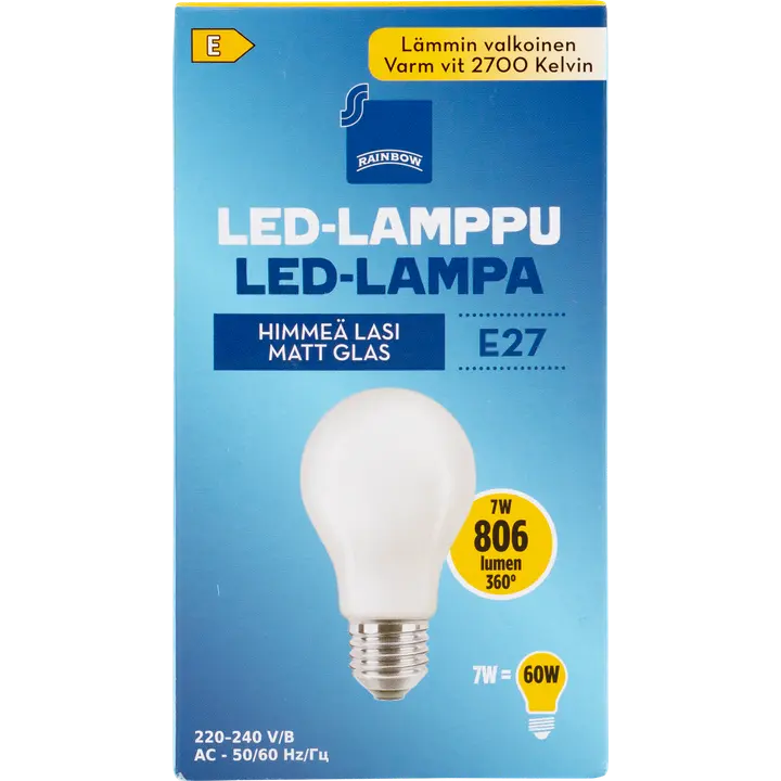 Rainbow LED-lamppu 7W E27 2700K 806lm huurrettu lasi