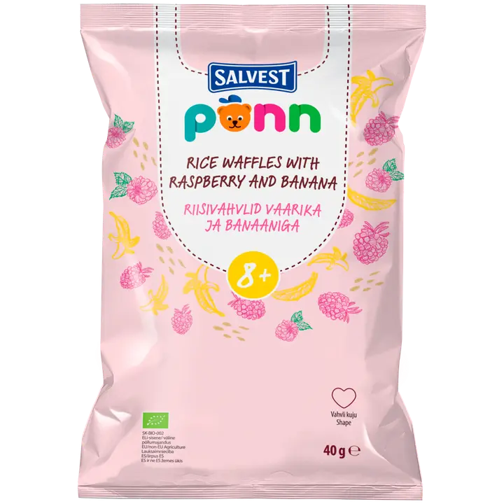 PÕNN Ökoloogilised Riisivahvlid vaarika ja banaaniga 40 g 8+ 40g