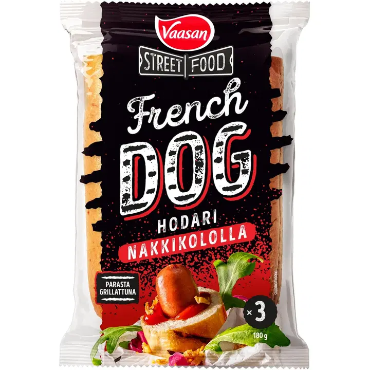 Vaasan Street Food FRENCH DOG hodari nakkikololla 180g 3 kpl Gourmet patonkisämpylä