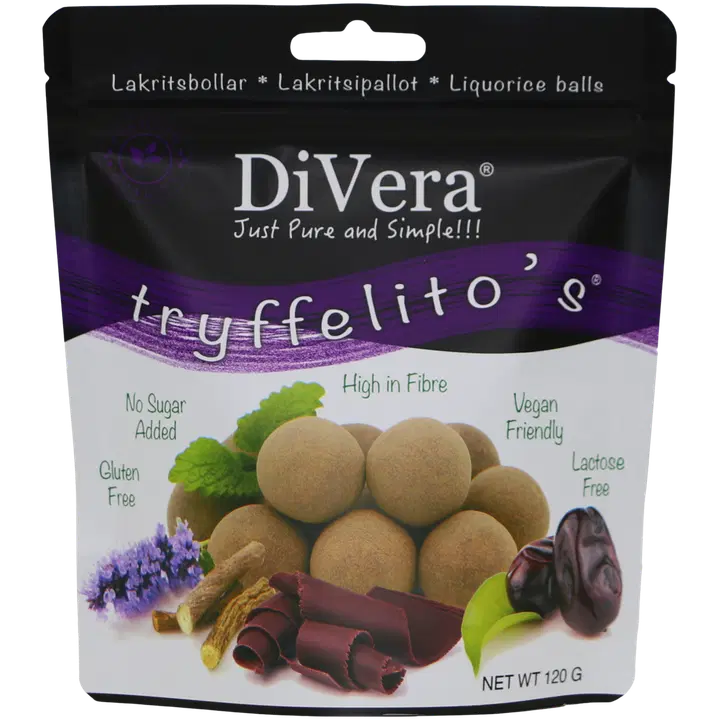 DiVera Just Pure and Simple!!! Tryffelito's raakapallot taatelilla, mantelilla, tummalla suklaalla, lakritsilla ja salmiakilla 120g