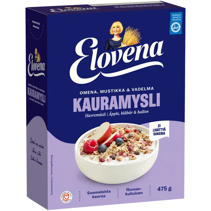 Elovena 475g omena, mustikka & vadelma täysjyväkauramysli