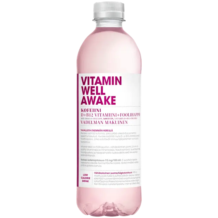 Vitamin Well Awake, vadelman makuinen vitaminoitu hiilihapoton juoma 500ml