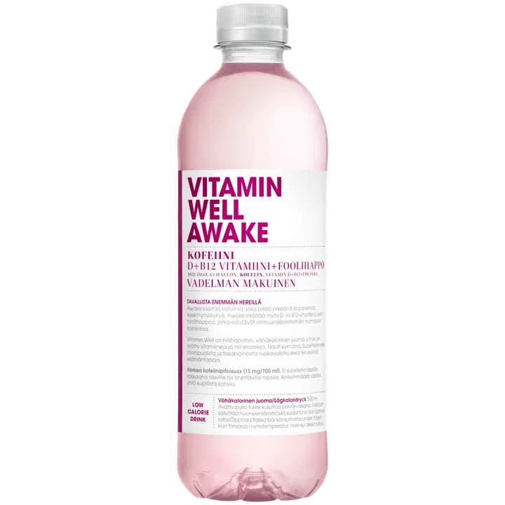 Vitamin Well Awake, vadelman makuinen vitaminoitu hiilihapoton juoma 500ml