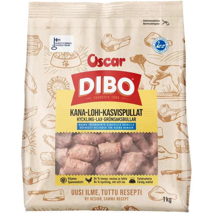 DIBO Kana-lohi-kasvispullat raakapakastettu täysravinto koirille 1kg