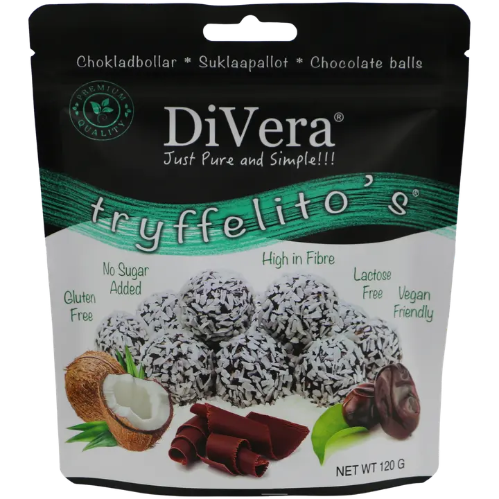 DiVera Just Pure and Simple!!! Tryffelito's Suklaapallot. Vegaaninen, gluteeniton, runsaskuituinen 120g