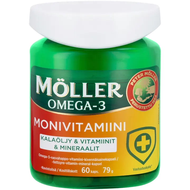 Möller Omega-3 Monivitamiini Omega-3-rasvahappo-vitamiini-kivennäisainekapseli 79g/60kaps