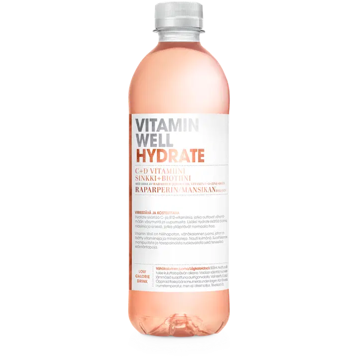 Vitamin Well Hydrate, raparperin ja mansikan makuinen vitaminoitu hiilihapoton juoma 500ml