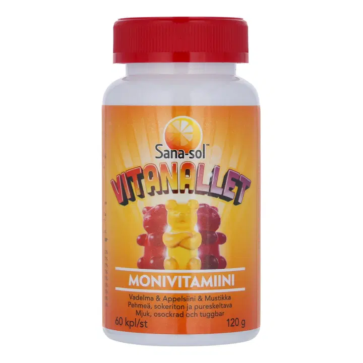 Sana-sol Vitanallet monivitamiini vadelma & appelsiini & mustikka 60kpl