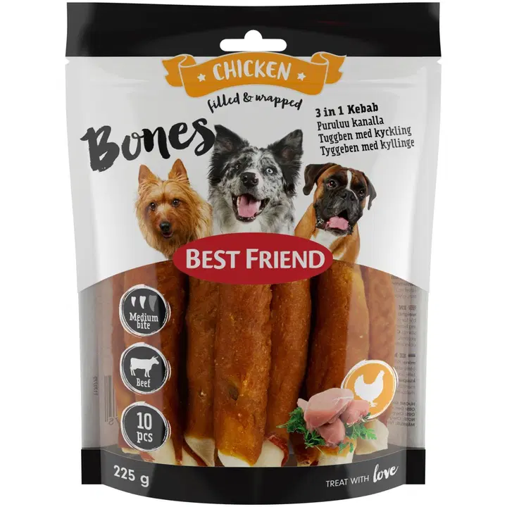 Best Friend Bones 3in1 Kebab puruluu naudannahkaa, kanaa ja vihanneksia 12cm 10kpl 225g