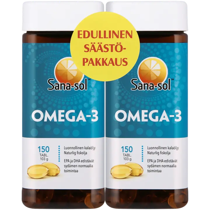 Sana-sol Omega-3 luonnollinen kalaöljy Omega-3-rasvahappokapseli ravintolisä 2x150kaps