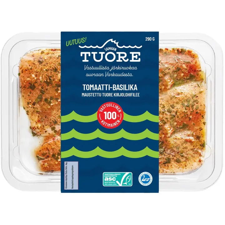 Saimaan Tuore ASC Tomaatti-basilika maustettu kirjolohifilee, 290 g.