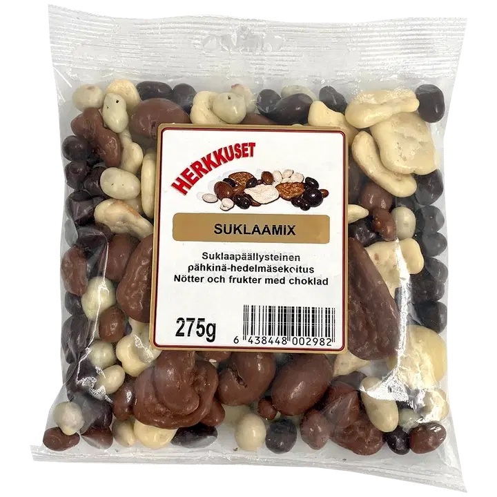 Herkkuset  suklaamix 275 g suklaakuorrutettuja pähkinöitä ja  kuivattuja hedelmiä