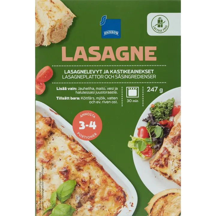 Rainbow 247g lasagnelevyt ja kastikeainekset