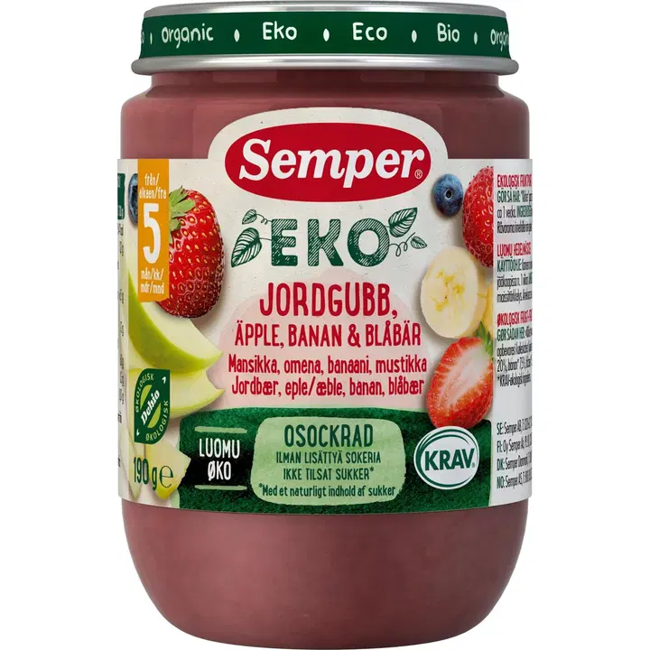 Semper EKO Mansikka omena banaani & mustikka 5kk hedelmäsose 190g