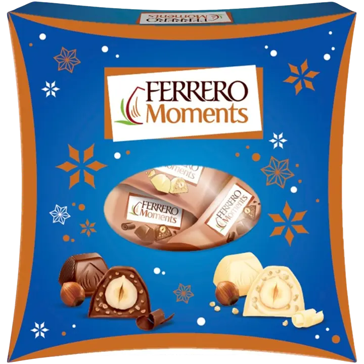 Ferrero Moments Maitosuklaa- ja suklaakonvehteja, joissa on sisällä kokonainen hasselpähkinä. Valkosuklaakonvehteja – sisällä kokonainen hasselpähkinä ja riisimuroja (5%).