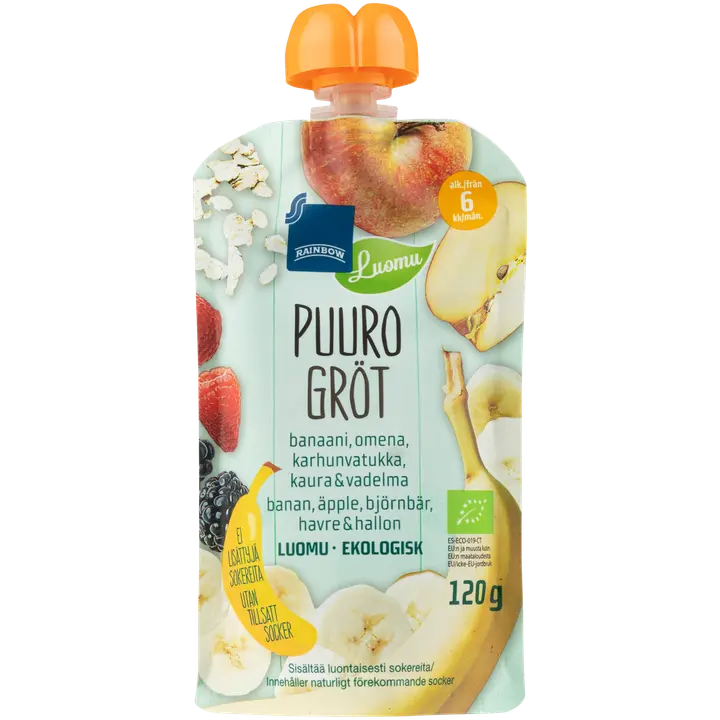 Rainbow puuro kaura/banaani/omena/karhunvatukka/vadelma luomu 120g