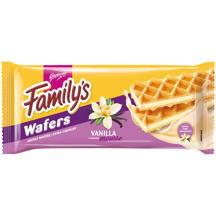 Family’s waffles wafers. Wafers with vanilla flavoured cream 70 %