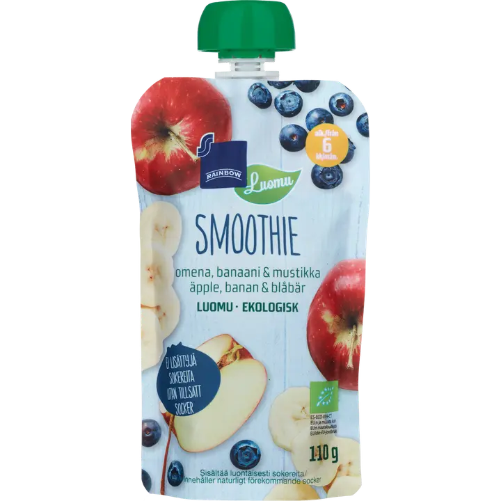 Rainbow smoothie omena, banaani & mustikka luomu 110 g 6 kk