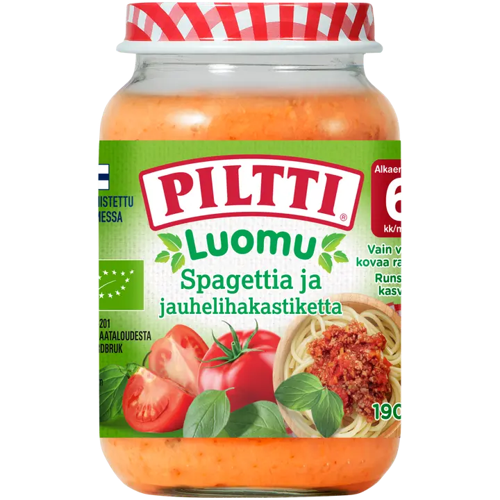 Piltti Luomu 190g Spaghettia ja jauhelihakastiketta lastenateria 6kk