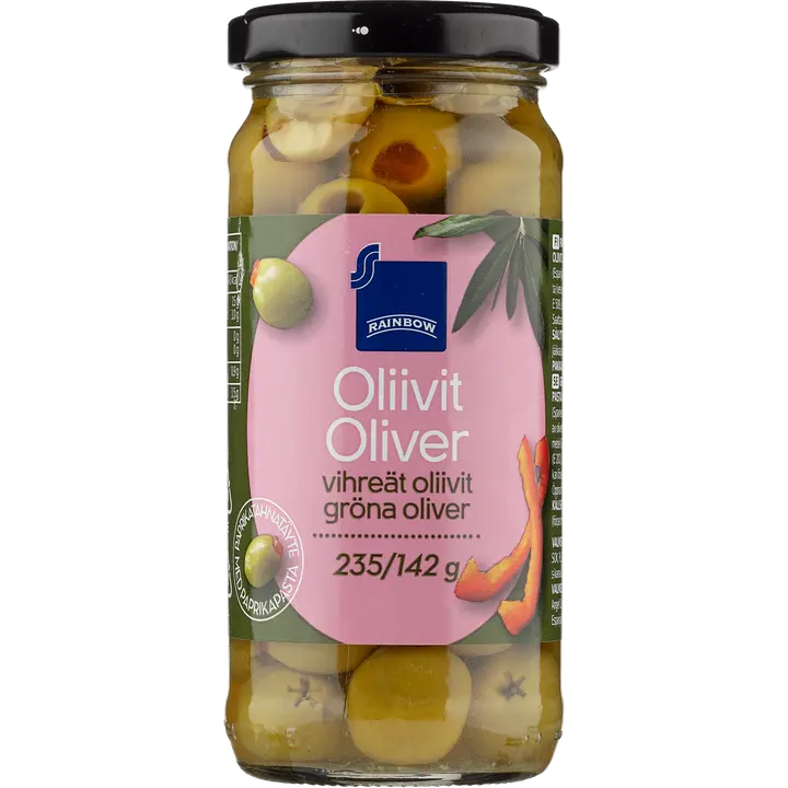 Rainbow vihreät oliivit paprikatahnatäytteellä 235/142 g