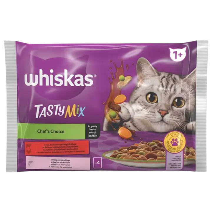 Märgtoit WHISKAS 4-pakk Tasty Mix veis, linnuliha ja köögivilja ja lõhe, porgandiga.340g
