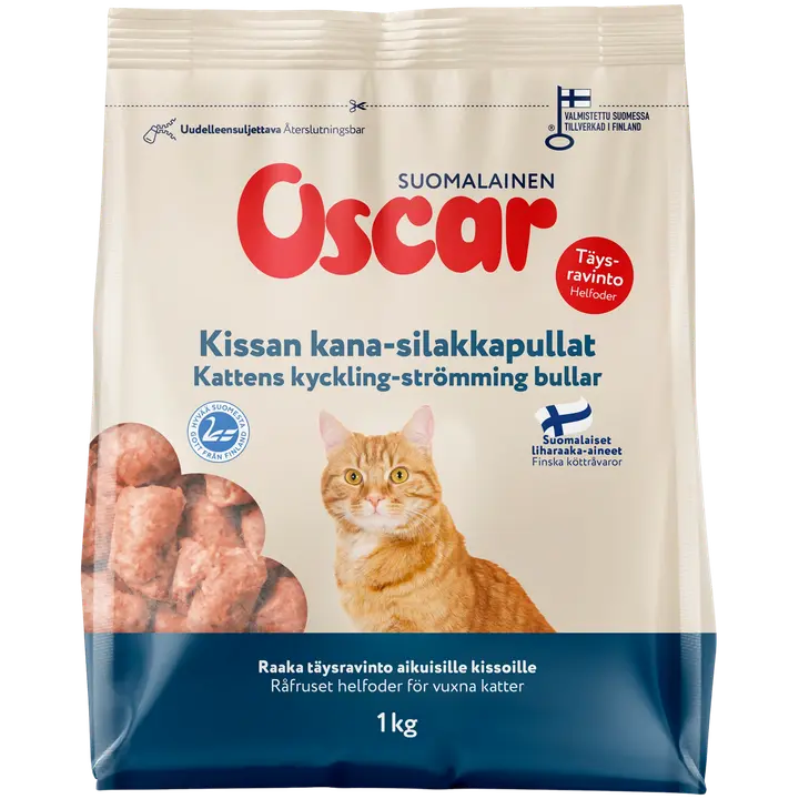 Oscar Kissan kana-silakkapullat raakapakastettu täysravinto kissoille 1kg