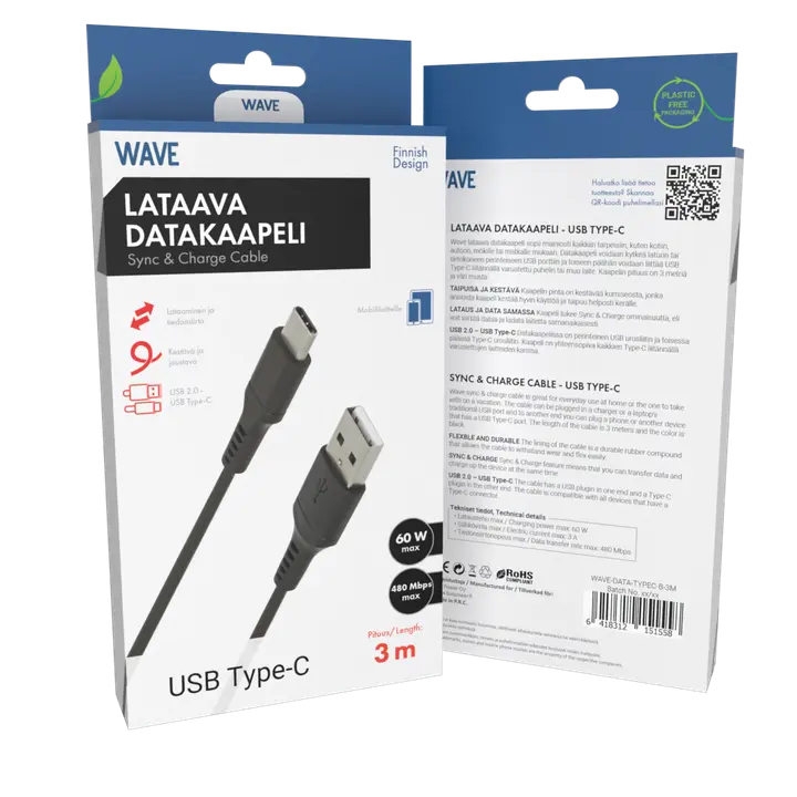 Wave’i laadimiseks sobiv andmesidekaabel Type-C – USB 2.0, 3 m, must