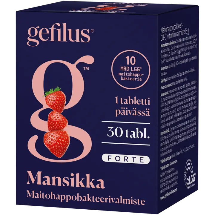 Gefilus Forte mansikka maitohappobakteeri-D3-C-vitamiinivalmiste purutabletti 30tabl ravintolisä