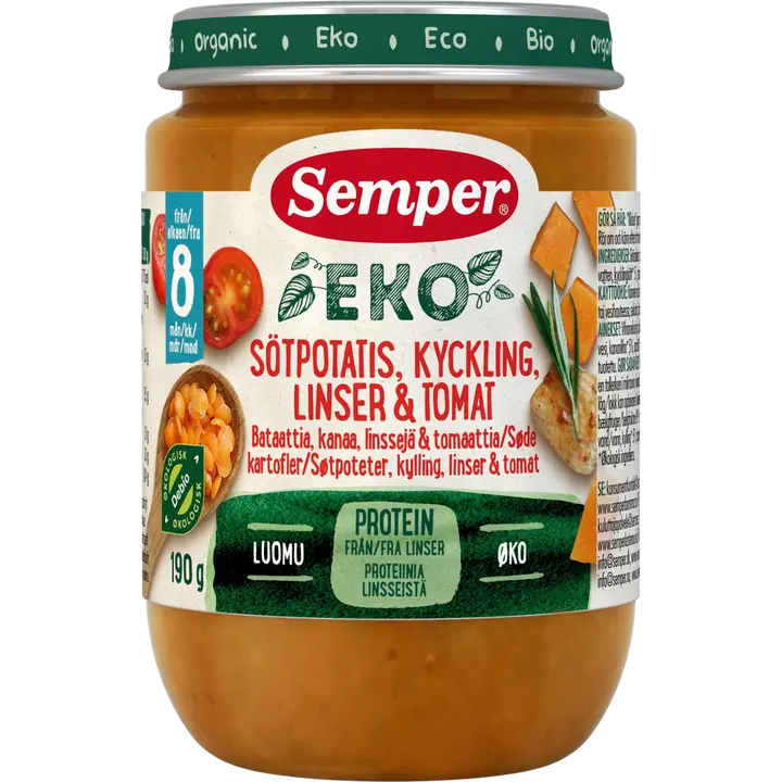 Semper EKO Bataattia kanaa linssejä & tomaattia 8kk luomu lastenateria 190g