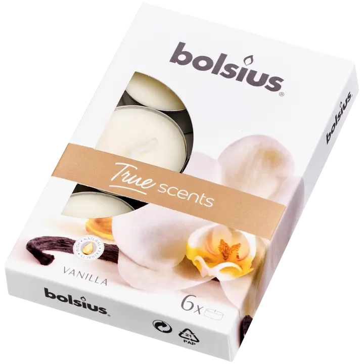 Bolsius 6 lõhna-teeküünalt karbis 4h Vanilje True