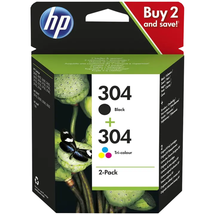 HP 304 mustepatruuna 2-pack kaikki värit + musta