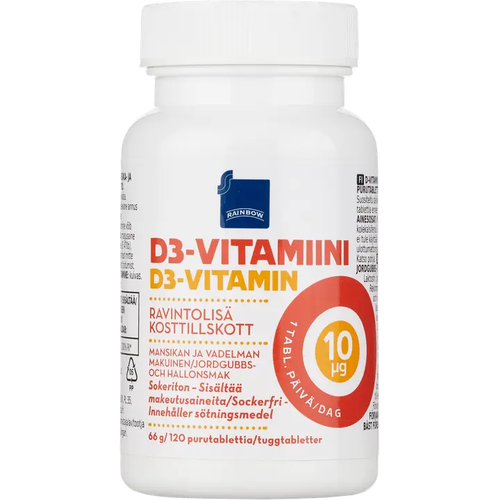 Rainbow D3-vitamiini 10μg ravintolisä 66 g/120 purutablettia mansikan- ja vadelmanmakuinen