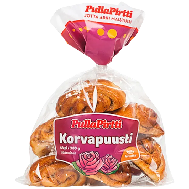 Pulla-Pirtti Korvapuusti 6/300g laktoositon kanelitäytteinen pulla