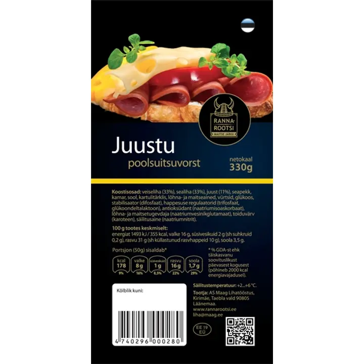 Rannarootsi Juustu Poolsuitsuvorst 330 G