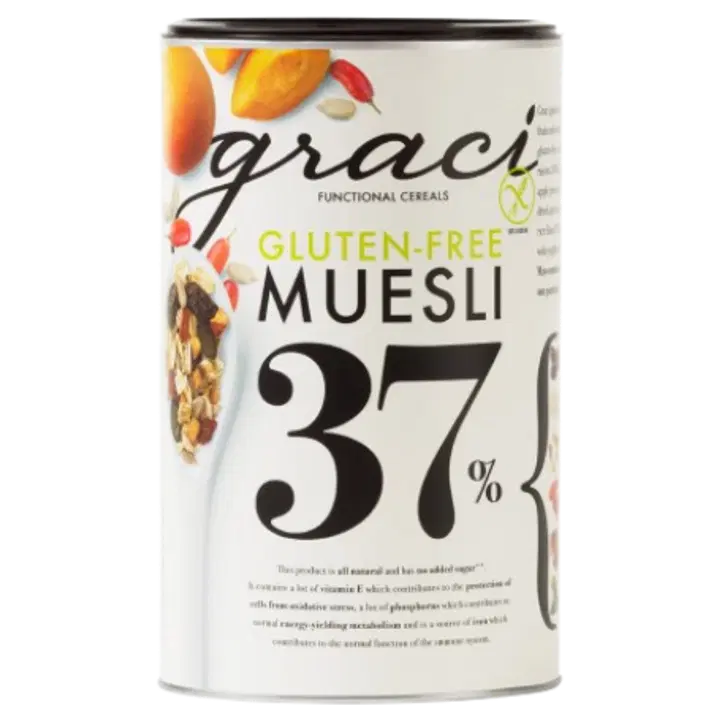 Graci müsli, 37% kuivatatud puuviljade ja seemnetega, rikastatud e-vitamiini ja mineraalidega, glute 400g