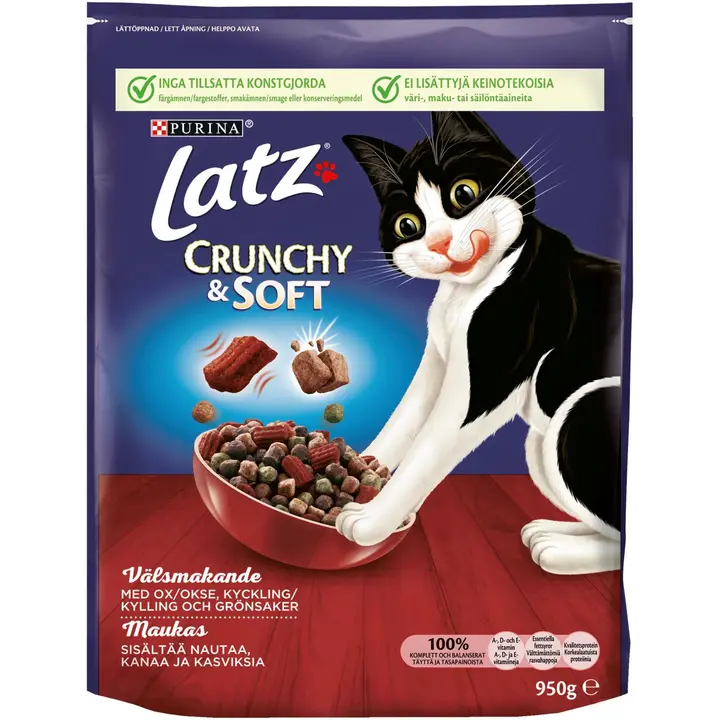 Latz 950g Crunchy & Soft sisältää Nautaa, Kanaa ja Kasviksia kissanruoka