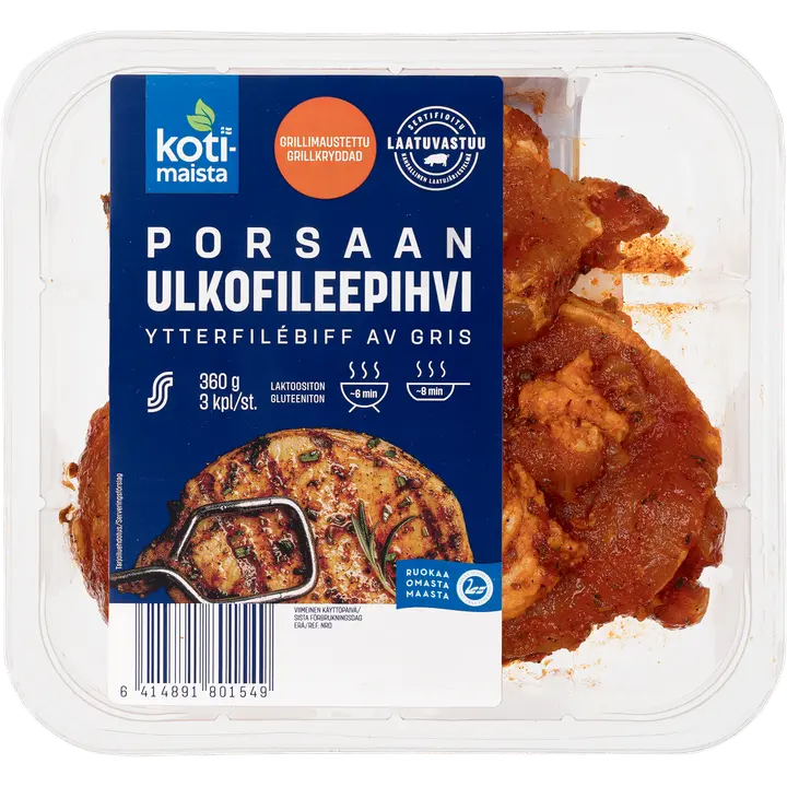 Kotimaista porsaan ulkofileepihvi grillimaustettu 3 kpl 360 g