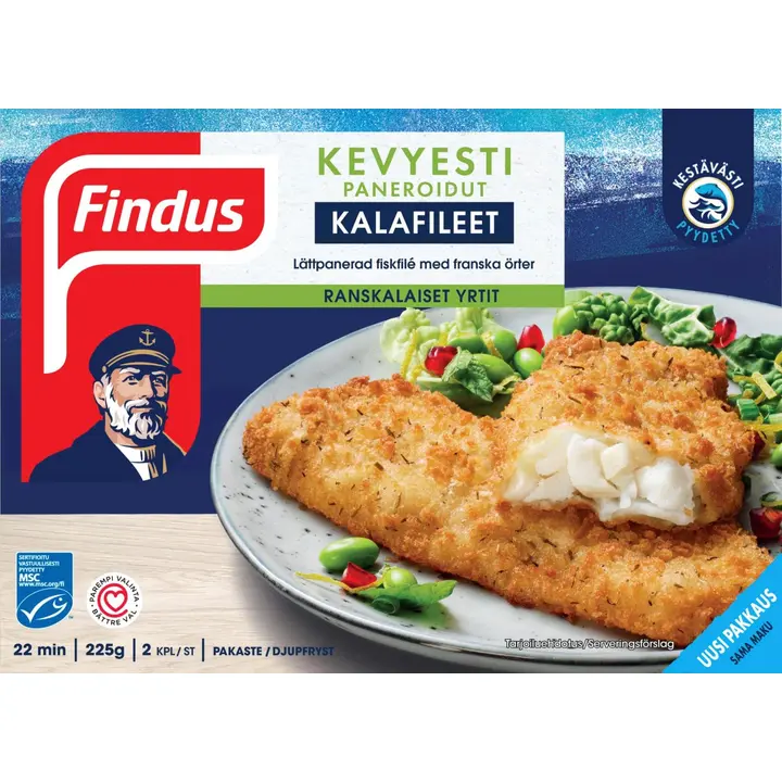 Findus Kevyesti paneroidut kalafileet, Ranskalaiset yrtit MSC 225g, pakaste