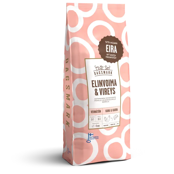 Dagsmark ELINVOIMA & VIREYS koiran kuivaruoka vehnätön kana-kaura 2 kg