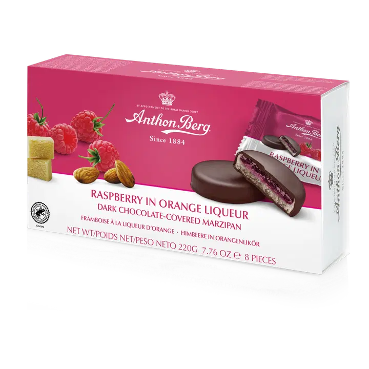 Anthon Berg Vadelmat appelsiiniliköörissä marsipaanikonvehti RA 220g