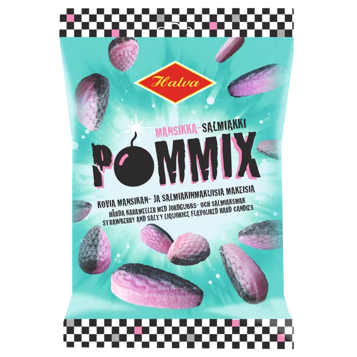 Halva Pommix kovia mansikan- ja salmiakinmakuisia makeisia 100 g