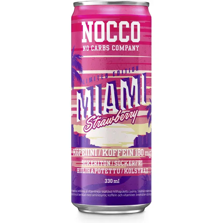 330ml NOCCO BCAA Miami Strawberry, Aminohappoja, kofeiinia ja vitamiineja sisältävä mansikanmakuinen hiilihapotettu energiajuoma