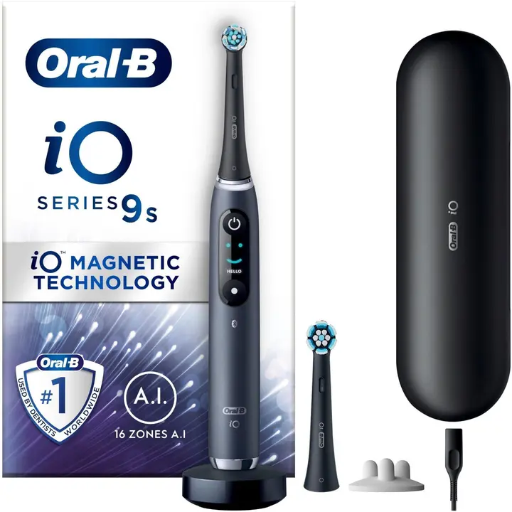 Oral-B iO 9 Black -sähköhammasharja, 2 vaihtoharjaa, 1 lataava matkakotelo, Designed by Braun