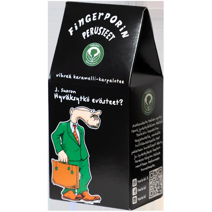 Teeleidin Fingerporin perusteet; J.Suoron Hyväksytkö evästeet, vihreä tee karpalolla ja karamellilla 60g