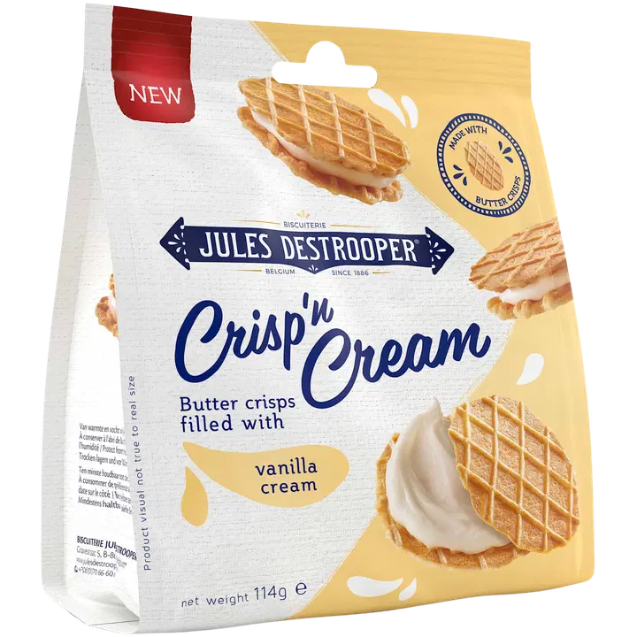 Jules Destrooper Crisp 'n Cream Vanilla 114g, Voikeksejä, joissa vaniljakreemitäytettä