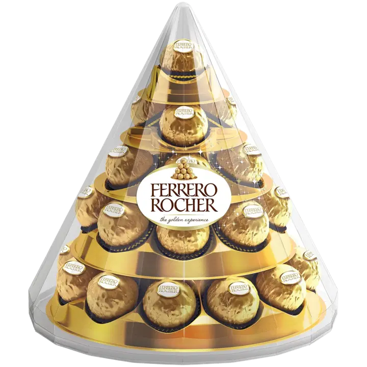 Ferrero Rocher Cone maitosuklaalla ja hasselpähkinärouheella kuorrutettu rapea vohvelierikoisuus sisällä kokonainen hasselpähkinä hasselpähkinäkreemissä  28kpl