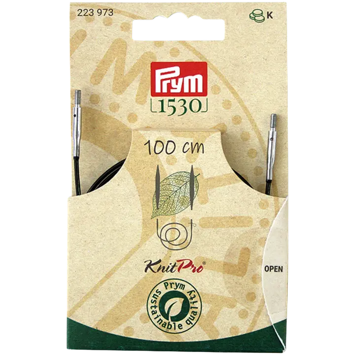 Prym 1530 pyöröpuikon kaapeli 100 cm, silmukkastopparit 2 kpl ja työkalu puikonpäiden kiinnittämiseen ja irroittamiseen