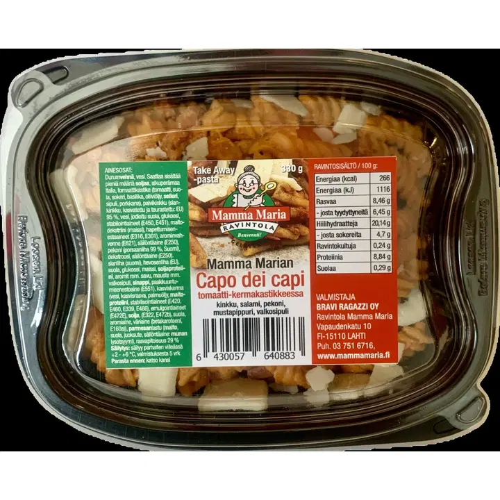Mamma Marian Capo dei capi pasta kinkku, salami, pekoni, mustapippuri, valkosipuli tomaatti-kermakastike