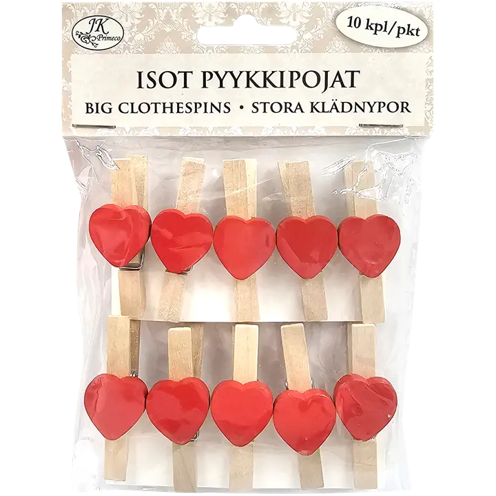 J.K. Primeco isot pyykkipojat Sydän punainen 10kpl
